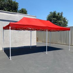 New In Box $200 Heavy-Duty 10x20 ft Popup Canopy Tent Instant Shade w/ Carry Bag Rope Stake, Black/Red 