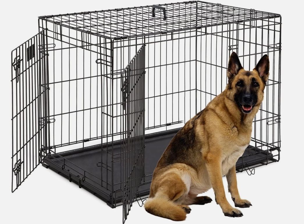 Qpets 48”Dog Crate, Folding Dog Kennel, Dog Cage, Two Doors, with a Tray