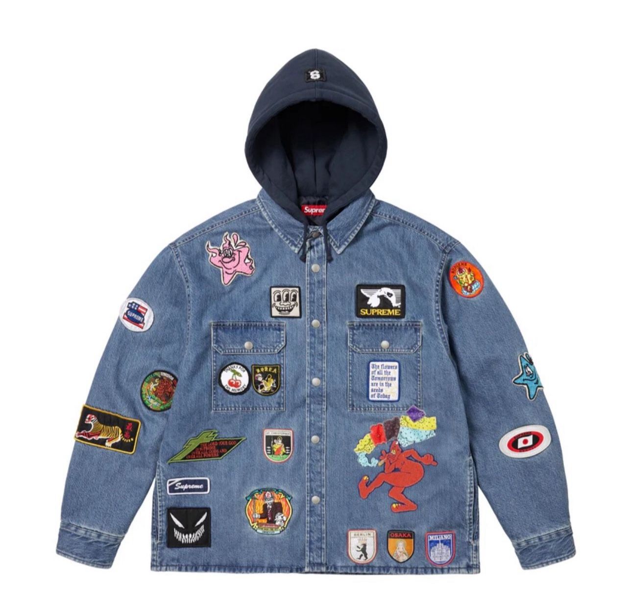 Supreme Patches Hooded Zip Up Jacket Denim