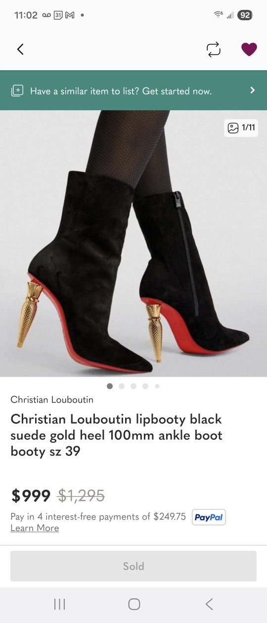 Christian Louboutin Lipbooty Black Suede Gold Heel 100mm Ankle Boot Booty Sz39