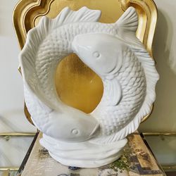 14” H x 12” W Large Double Koi Glazed White Ceramic Sculpture