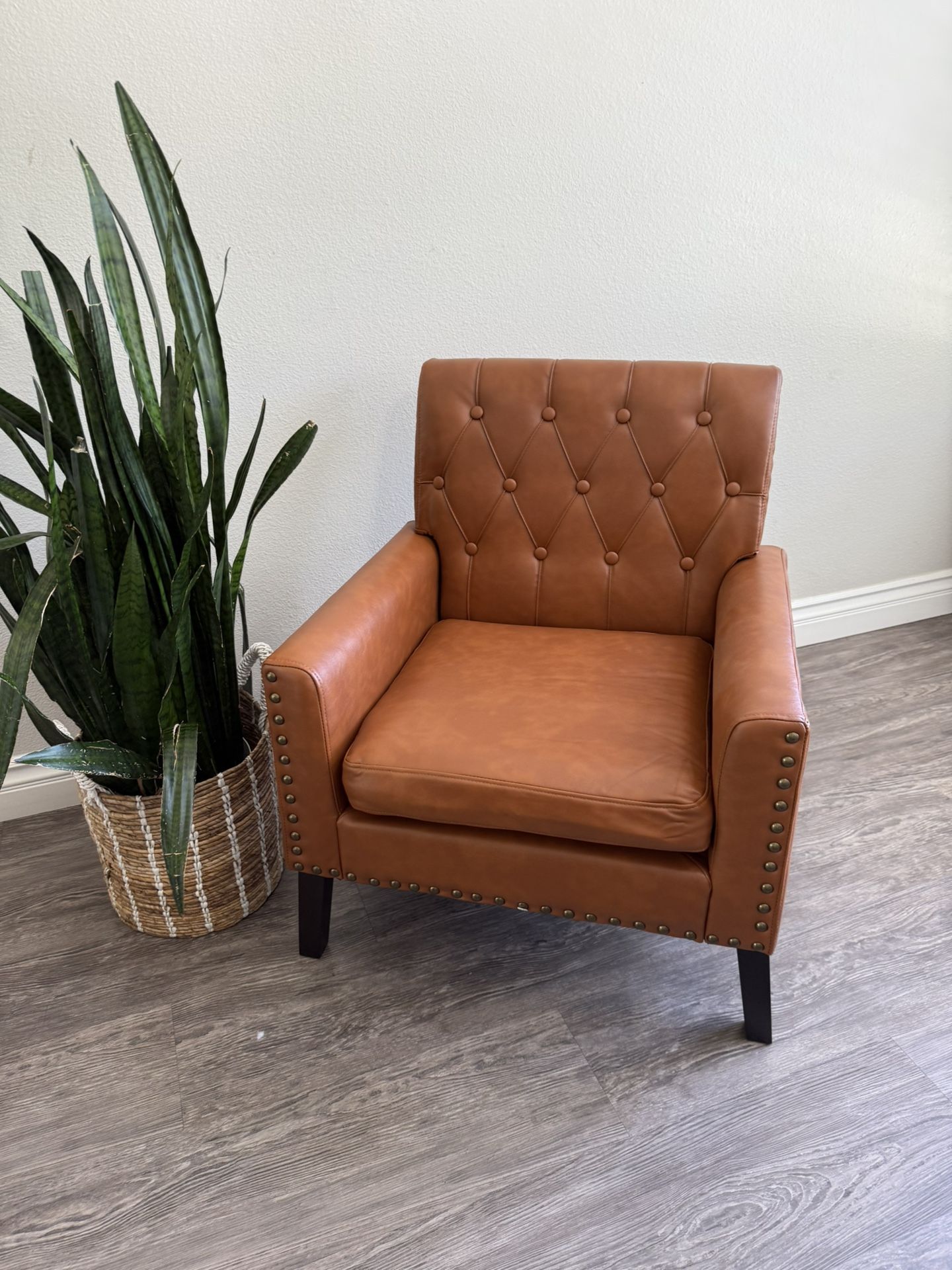 Camel Faux Leather Walnut Legs Mid Century Modern Button Tufted Accent Chair