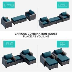 Outdoor Wicker Patio Chair with Ottoman for Porch Balcony Deck Backyard, Red Brown Rattan Sofa Chair Waterproof Removable 2 PCS Peacock Blue