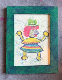 Framed Naïve Art.   Perfect for a child’s Space.  Hand Painted Wood Frame. Fits 5x 7 image.