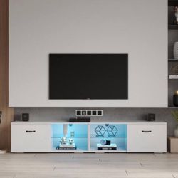 79 in. Modern White TV Stand with RGB Light Fits TV's up to 80 in. with 2-Door Lockers and Shelves
