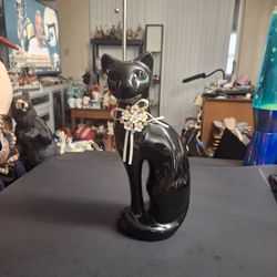 Black Retro Ceramic 11" Stylized Siamese Cat Figurine, Vintage Mid Century Modern In Glossy Finish Adorned With Ribbon & Flower Crystal Accessory- Exc
