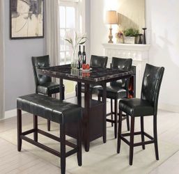 Modern style marble and wood complete dining table and chairs set