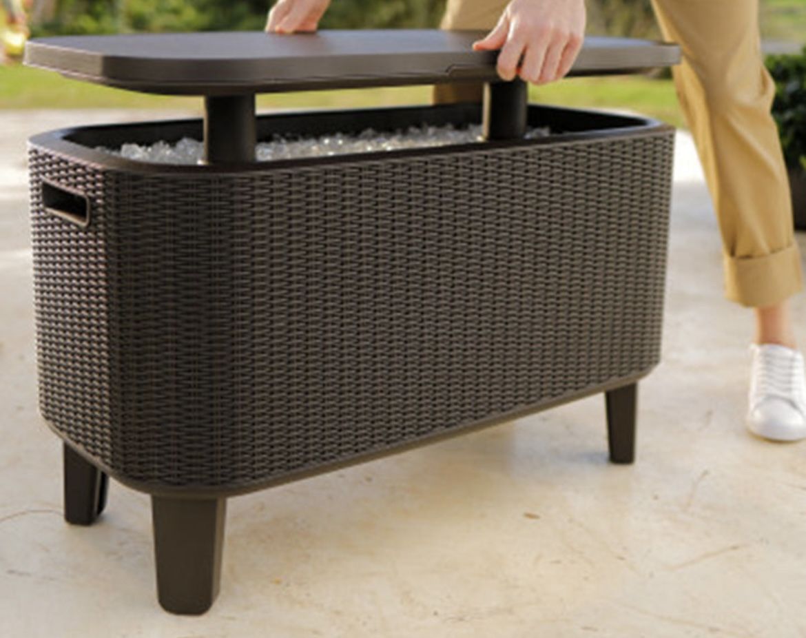 Keter Bevy Bar 17 Gallon Cooler with Pop-Up Table Top Bar Cart, Rattan Brown