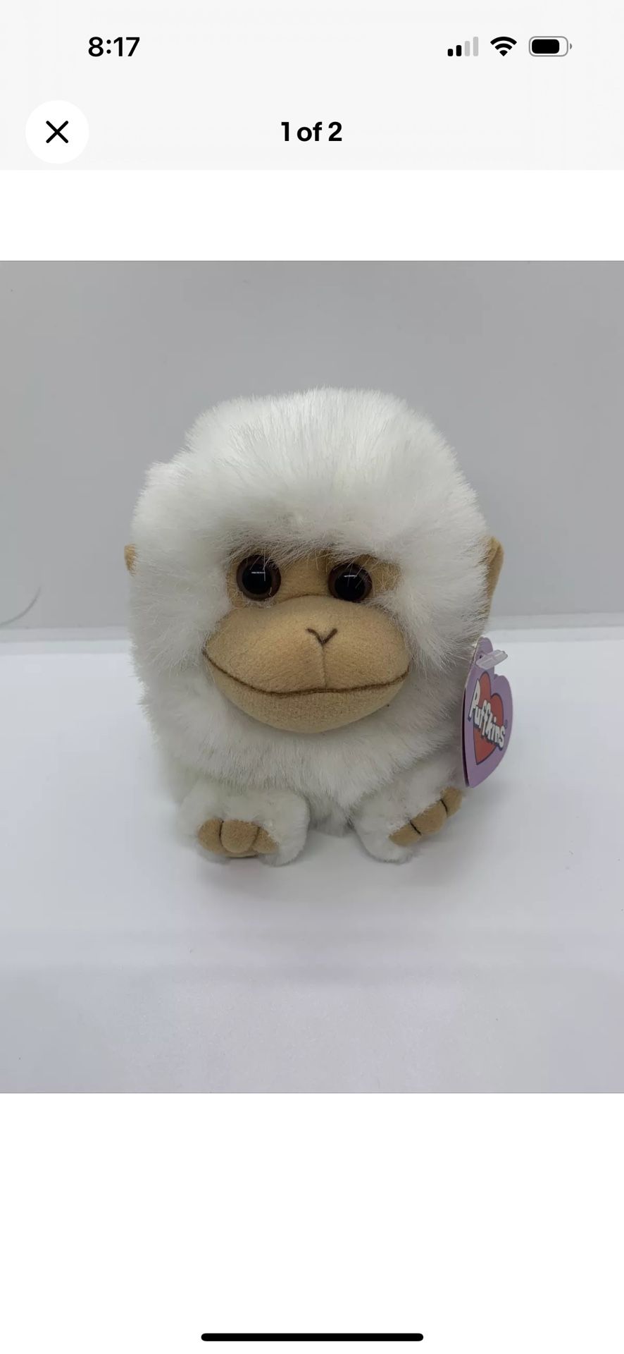 Toy White Monkey Plush Beanbag New with Tags Stuffed Animal