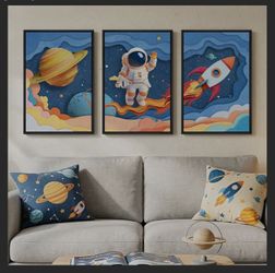 16x24 3-Piece Space Astronaut Wall Art – Kids Room / Boys Bedroom Decor