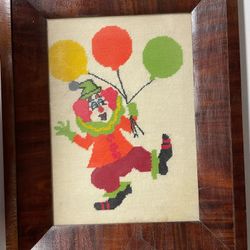 Antique Mahogany Frame With Needlepoint Clown And Balloons 