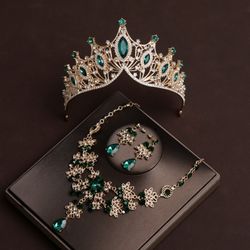 Elegant Crystal Necklace Earrings Tiara Crown Set For Women Wedding Bridal Prom