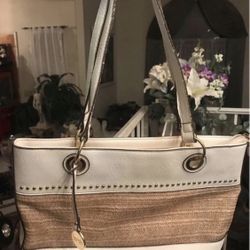 Nicole Miller Womens White Leather n Wicker Purse Handbag Tote Bag