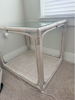 Whitewashed Rattan Side Table w/ Glass Top – Coastal Style – $5