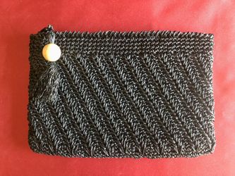 Vintage Lord & Taylor Black Crochet Raffia Clutch Bag • Boho Tassel Wood Bead -EUC