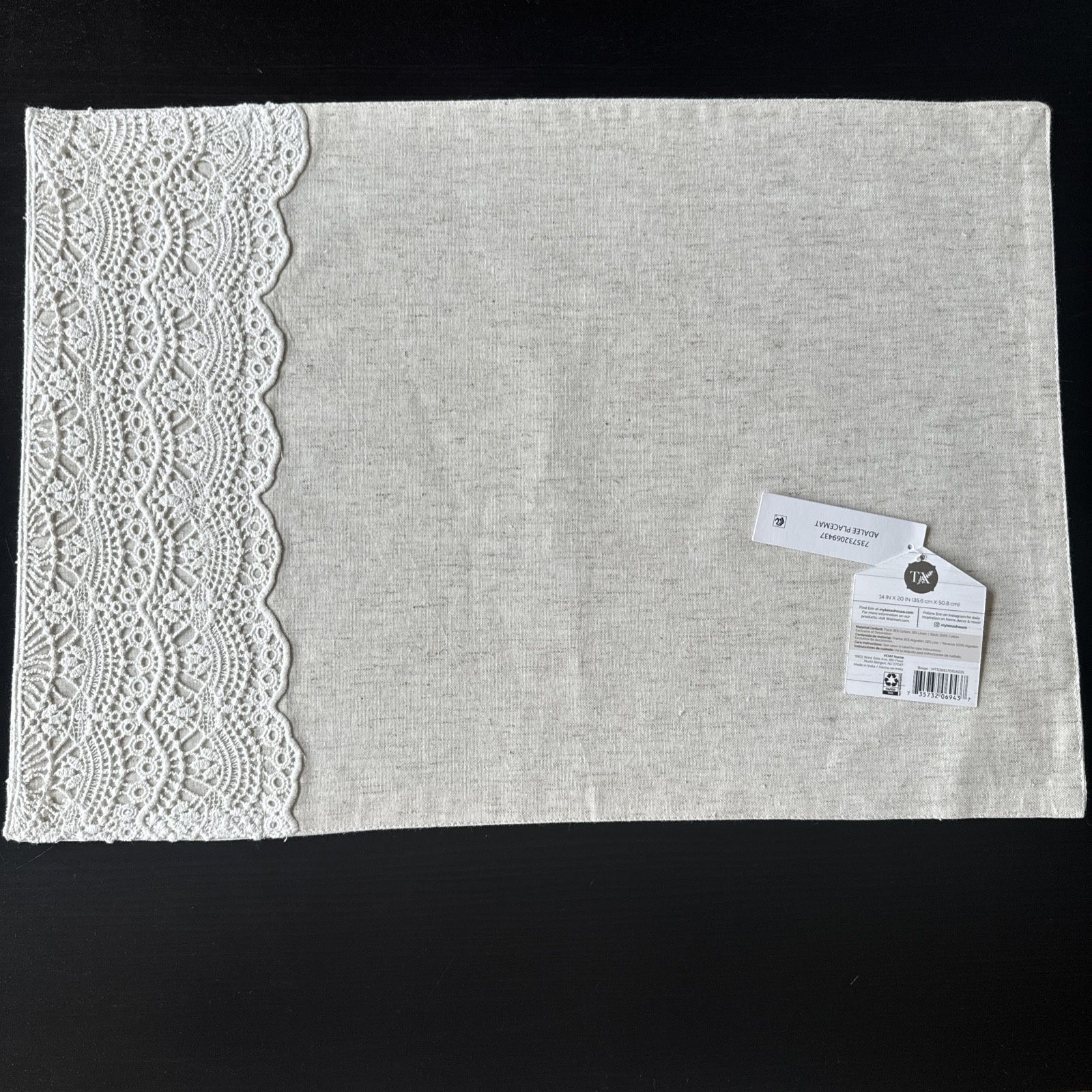 Adalee Lace Cotton/Linen 14" x 20" Placemats, 6 Pack, Beige