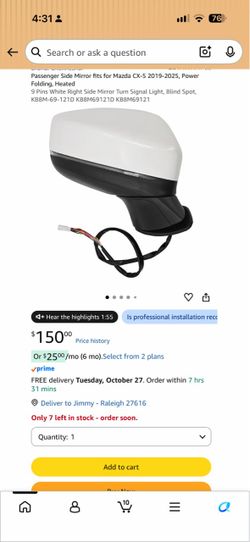 Passenger Side Mirror fits for Mazda CX-5 2019-2025, Power Folding, Heated 9 Pins White Right Side Mirror Turn Signal Light, Blind Spot, KB8M-69-121D