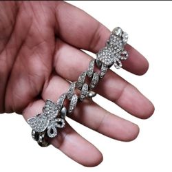 Silver Toned Bling Cuban Link Iced Out Butterfly Bracelet or Armband