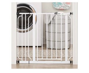 Regalo Safety 29"-38.5" Easy Step Baby Gate, Bottom of Stairs & Doorways Pressure Mounted with Door, For Babies, Toddlers & Pets, White
