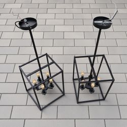 Pair Black Geometric Lantern Chandeliers – 5-Light Farmhouse Pendants