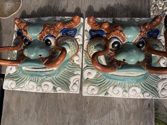 Vintage Ceramic Dragon Face Wall Plaques Pair