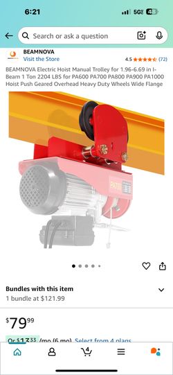 BEAMNOVA Electric Hoist Manual Trolley For 1.96-6.69 In I-Beam 1 Ton 2204 LBS For PA600 PA700 PA800 PA900 PA1000 Hoist Push Geared Overhead Heavy Duty