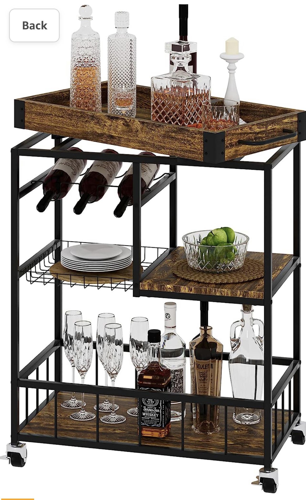 Bar Cart Wine Glass 3 with Basket Tier Home Rolling Rack with Wheels Mobile Kitchen Industrial Vintage Style Wood Metal Serving Trolley Serving Cart,G