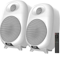 PyleUsa HiFi 60W Powered Bluetooth Bookshelf Monitor Speaker Set, Optical RCA in, Bass/Treble Adjustable, Deep Bass, 3 Audio Mode, Studio Computer Des