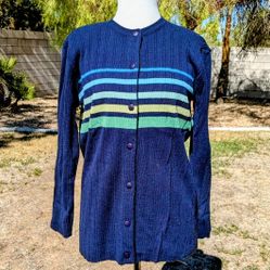VTG Adolfo Navy Striped Lamb's Wool/Acrylic Cardigan Sweater Button-Up EUC