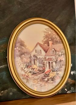 22" Syroco Oval Cottage Garden Picture in Gold Frame