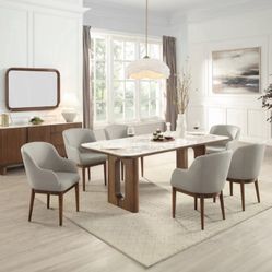 84”L Marble Dining Table Set With 6 Grey Dining Chairs