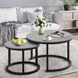 Modern Nesting Coffee Tables Set of 2 – Grey Wood Grain & Black Metal