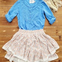SIZE 10-12 GIRLS 2-PIECE OUTFIT SKY BLUE THREE-QUARTER SLEEVES TUNIC W/FLORAL LAYERED RUFFLE SKIRT