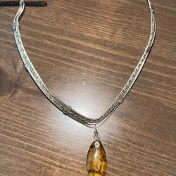 Gorgeous Wire Wrapped Amber Stone Necklace 