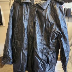 Charles Klein Long Men's Leather Coat / Jacket With Hood - Size Large - See Description 
