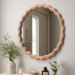 Natural Wood Round Mirror 24" Decorative Rustic Large Circle Waved Mirror Irregular 
