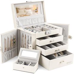Jewelry Box for Women Girls with Small Travel Case Mirror Necklace Ring Earrings Organizer White Wood Grain
