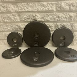 set of 6 cast iron weight plates for dumbbells 2 plates 5 lbs 2 plates 2 1/2 lbs 2 plates 1 1/4 lbs