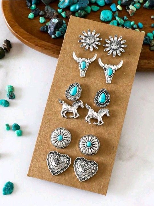 6 Pairs Of Western Turquoise Earrings