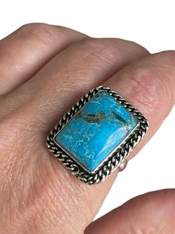 Southwestern Square Natural Turquoise Silver Ring Sz 9.5