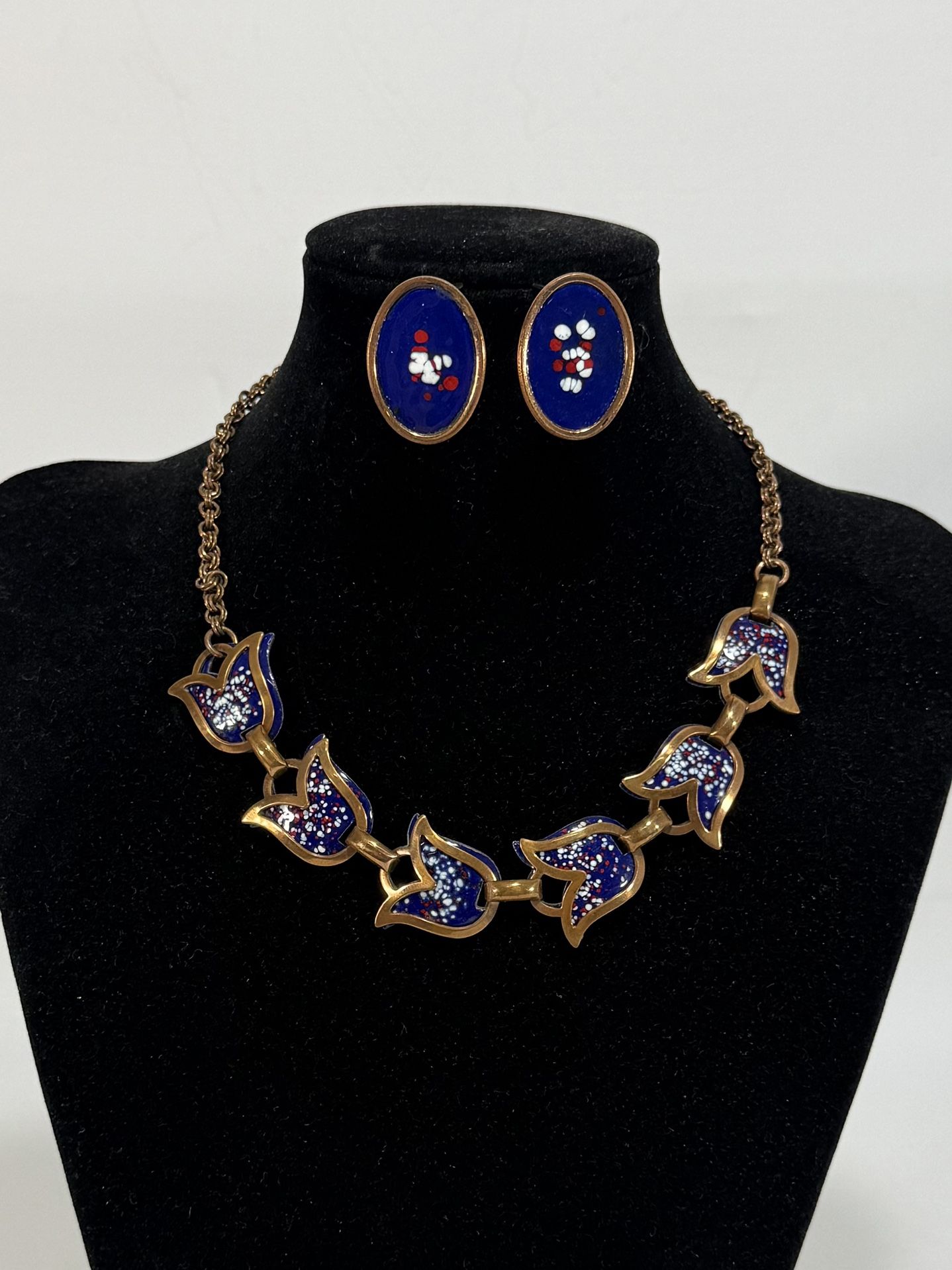 Vintage Frank Rebajes NY Copper & Blue Enamel Necklace with Earrings Set