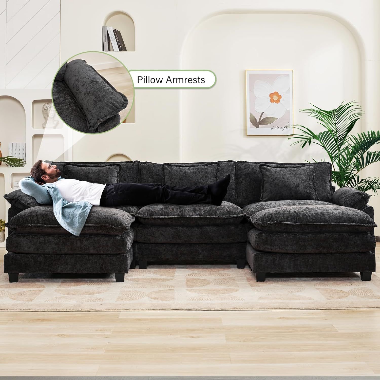 112” Black Modular U-Shaped Chenille Sectional Sofa w/ Ottoman  [NEW IN BOX] **Retails for $1000