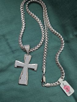 Silver Iced Out Cross Pendant Rope Chain Necklace