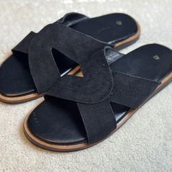 Unisex Black Suede Leather Slide Cross Strap Flat Comfort Shoes Size US Men’s: 9 Women’s: 10.5