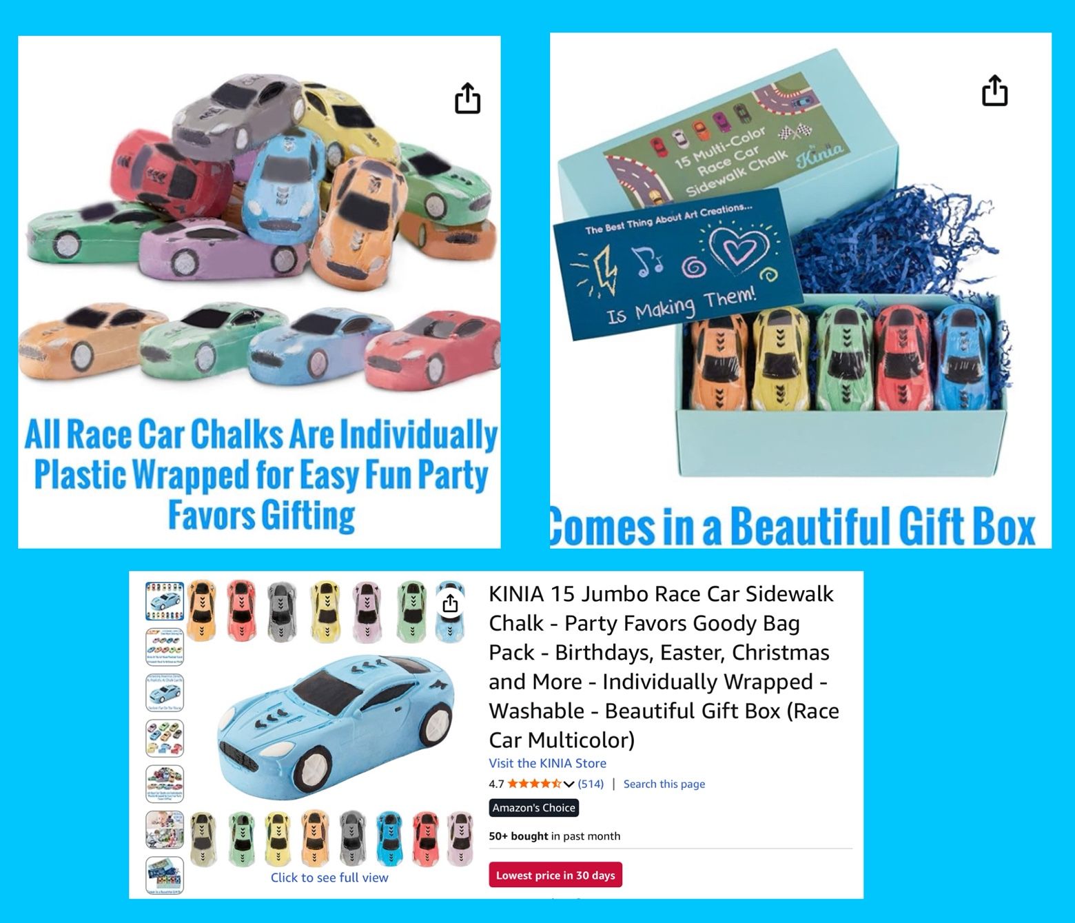Sealed KINIA 15 Jumbo Race Car Sidewalk Chalk - Party Favors Goody Bag Pack - Birthdays, Easter, Christmas and More - Individually Wrapped - Washable