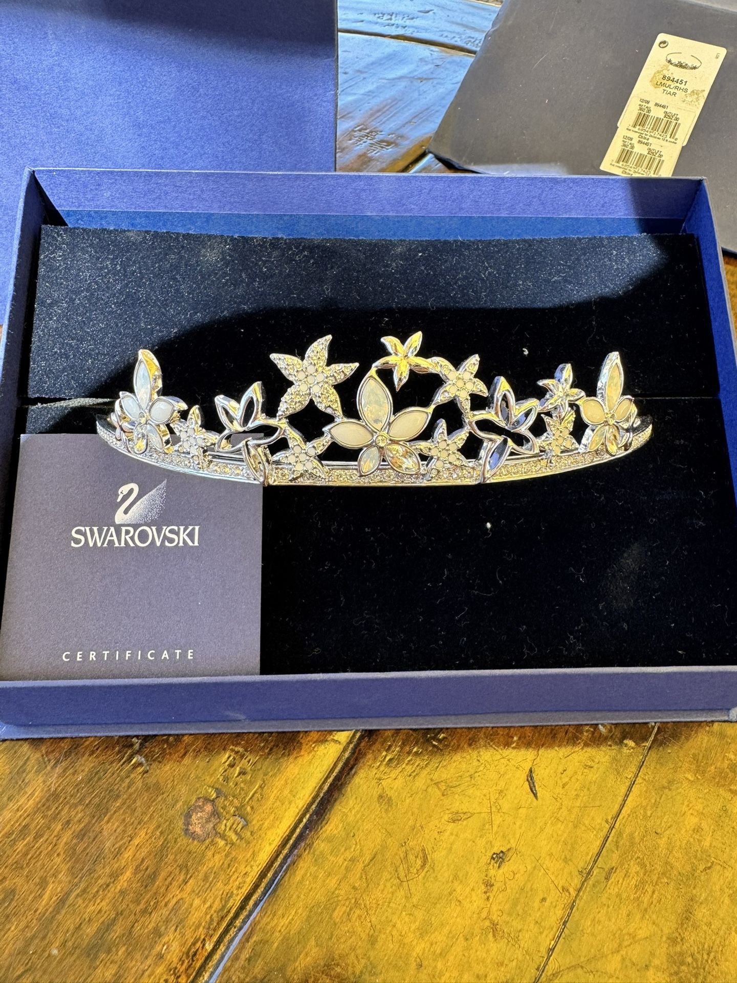 Vintage Swarovski Signed Rhodium Plated Confetti Tiara w/White Opal and Clear Crystals