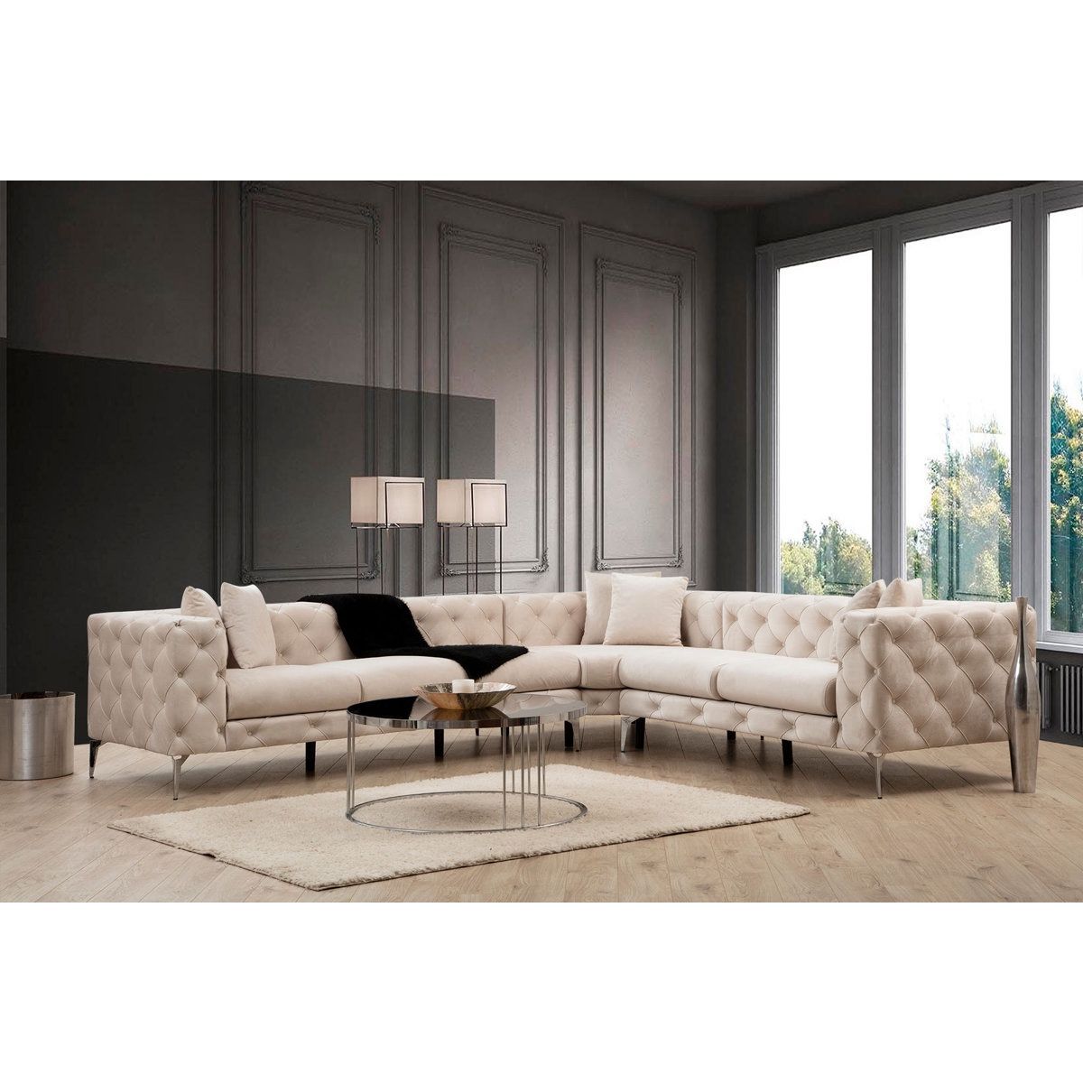 122-in W Modern Off-white Sectional, Sofa Couch , Living Room Couch , Living Room Velvet Couch , Beige