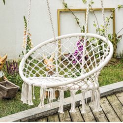 Hammock Chair Macrame Swing, Max 330 Lbs, Hanging Cotton Rope Hammock Swing Chair for Indoor and Outdoor Use