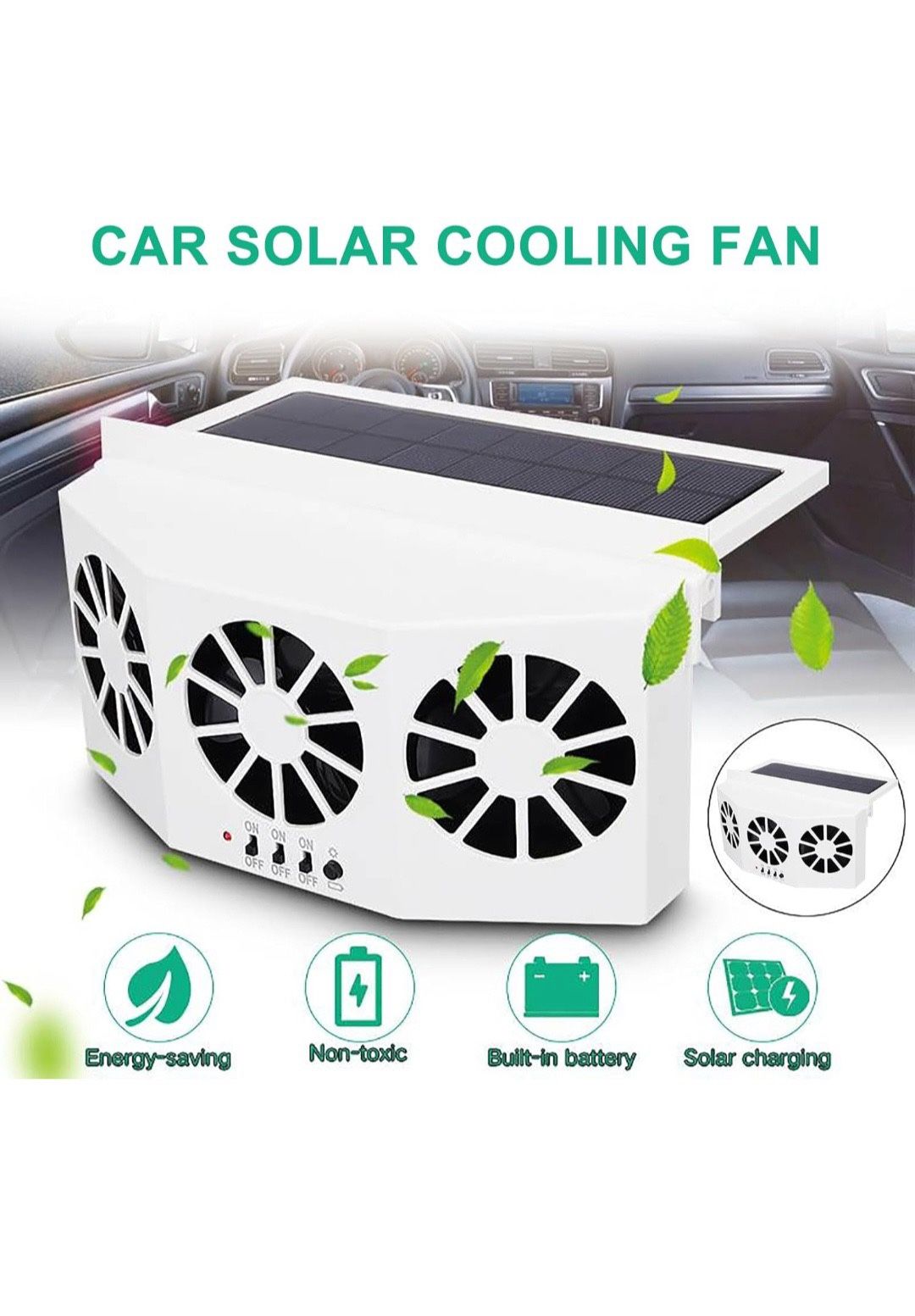 Solar Powered Car Exhaust Fan, Vehicle Window Fan Car Air Purifier Ventilation Fan Air Vent Radiator Fan Car Cooling Fan with Strong Wind (White)