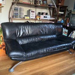 Vintage Postmodern Nicoletti Salotti Italian Leather Interline Italia Couch - Rare Metal Base